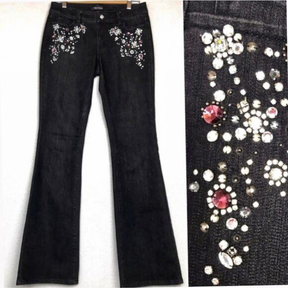 White House Black Market Whbm crystal studded‎ black Side Leg mom jeans Sz 2 New - Picture 1 of 16